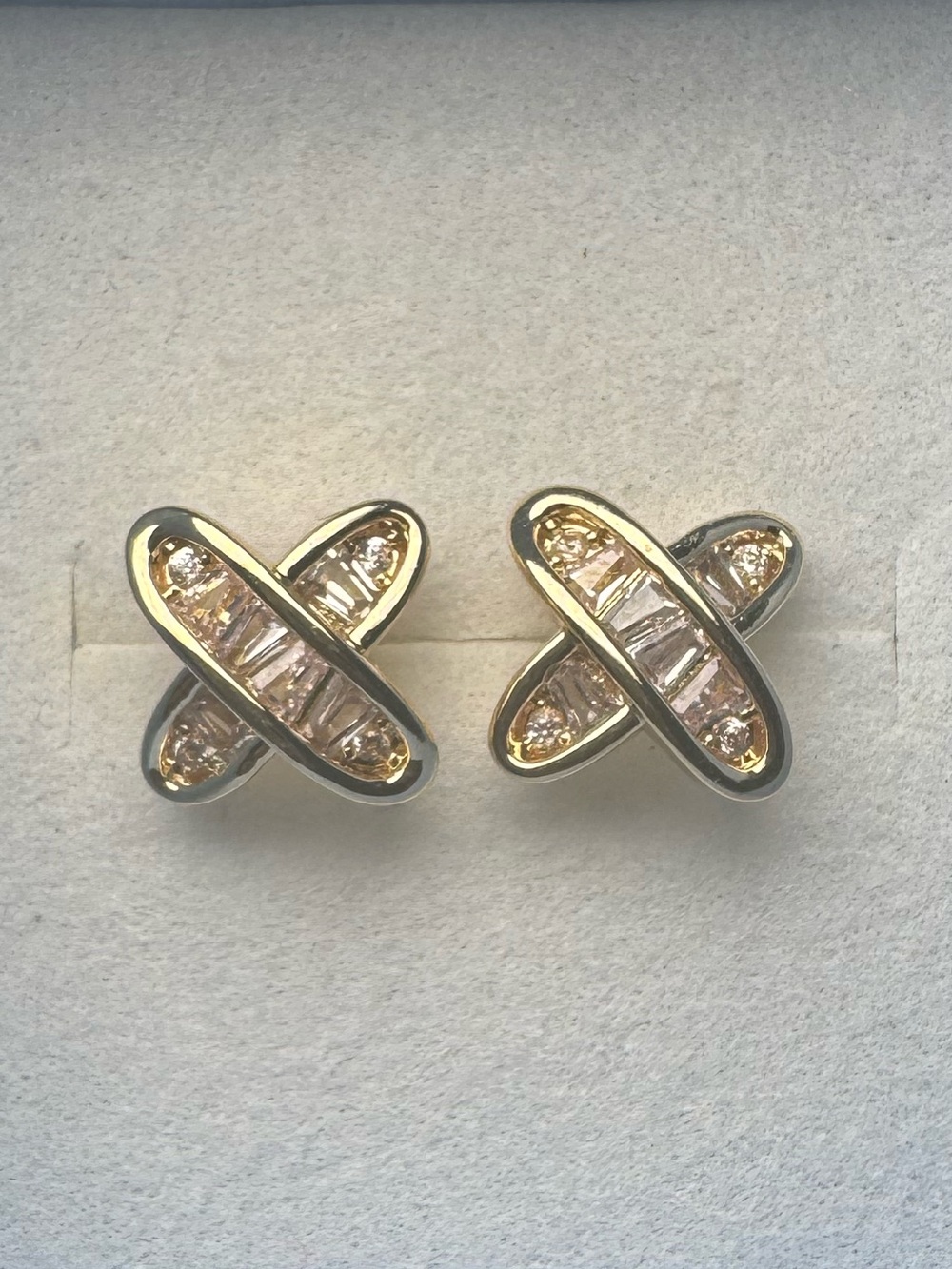 Gold Crisscross Stud Earrings with Crystal Inlay